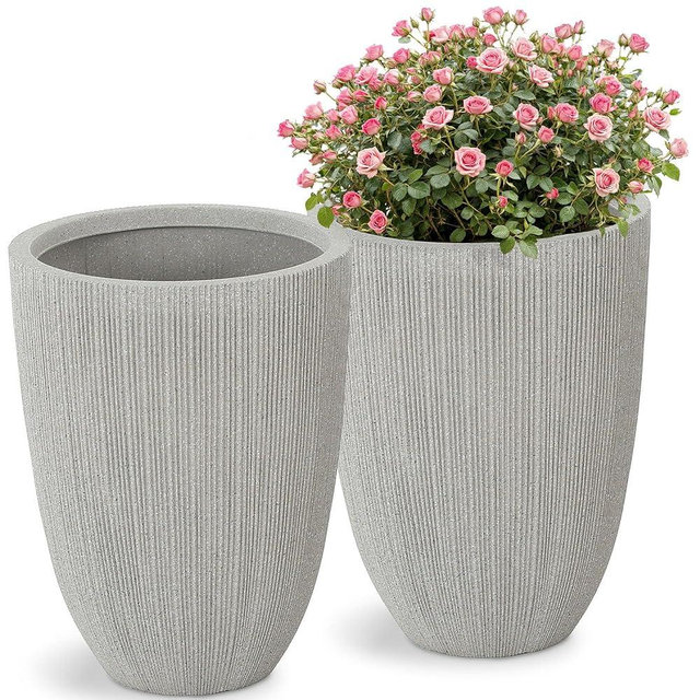 Ultym 19" Tall Planter for Indoor Outdoor Plants, Set of 2 Large Flower Pot with Drainage Hole, Weather/UV-Resistant Resin Planters for Garden Patio Porch Home office Decor, Mediterranean Beige Fluted