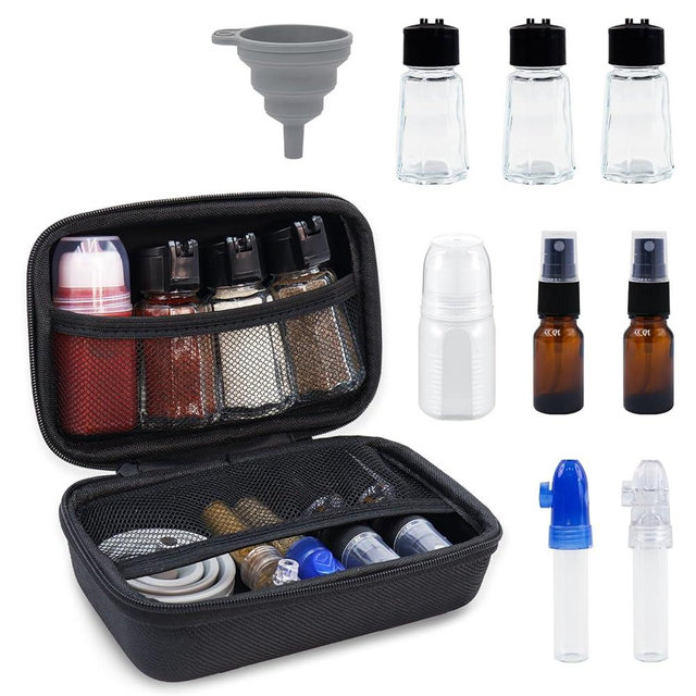 Camping Portable Spice Set With 8 Spice Containers Pepper & Salt Spice Shakers, Silicone Collapsible Funnel, Camping Spice Containers Storage Bag For Home Outdoor Travel Camping Bbq Picnic (Black)