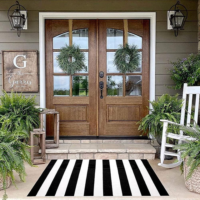 KaHouen Black and White Striped Rug 35.4 x 59 Inches, Indoor Front Porch Stripe Rug, Woven Washable Hand-Woven Stripe Outdoor Rugs for Layered Door Mats, Front Porch,Farmhouse,Kitchen...