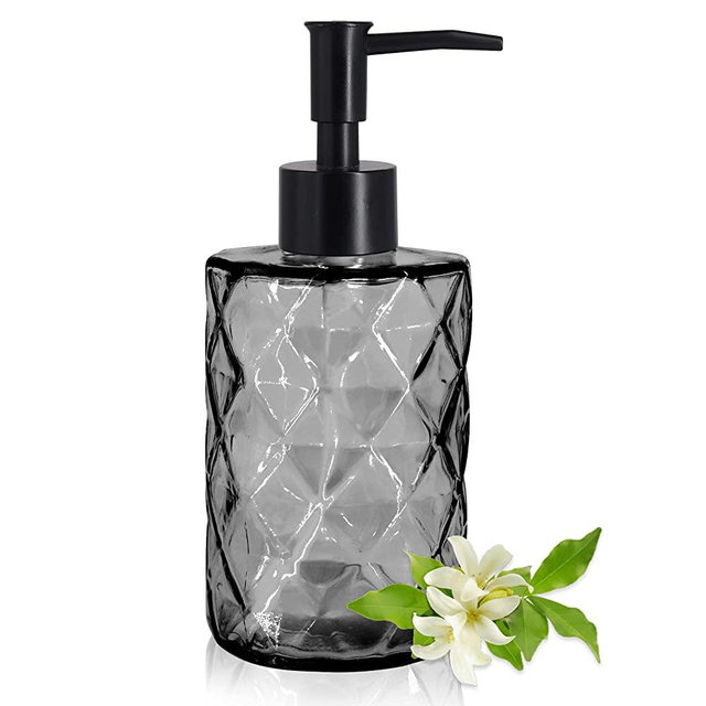 Glass Soap Dispenser with Plastic Pump, 330ml/11oz. Liquid Hand Soap Dispenser for Bathroom and Kitchen, Hand-Pump Dispenser for Dishwashing Liquid, Lotion, Soap, Shower Gel, Essential Oil (Black)