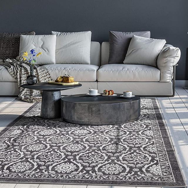 Antep Rugs Alfombras Non-Skid (Non-Slip) 5x7 Rubber Backing Floral Geometric Low Profile Pile Indoor Area Rugs (Gray/Black, 5' x 7')