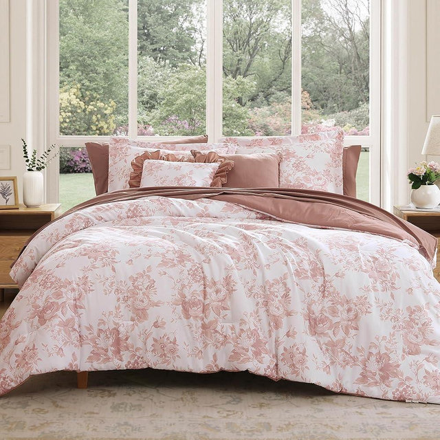 BLOOMHAVEN King Comforter Set -7 Pieces Pink Floral Comforter Set for All Seasons, Bed in a Bag King with Botanical Flowers Comforter, Sheets, Pillowcases & Shams