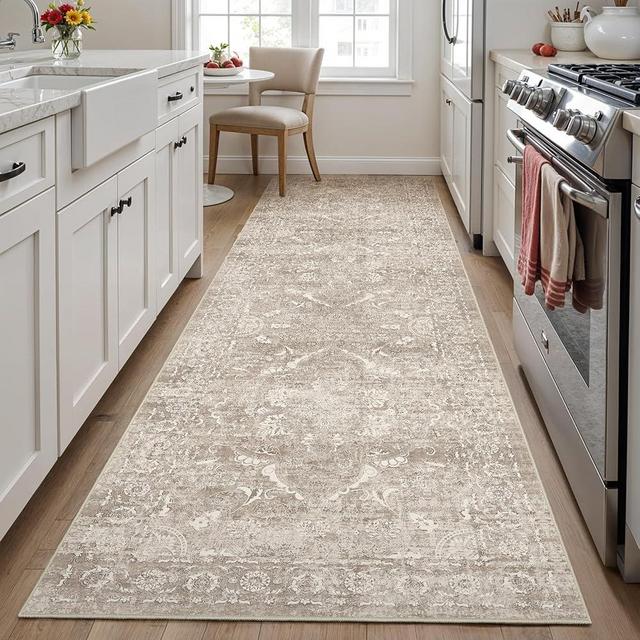 Eisurom Hallway 3x10 Runner Rug - Vintage Non-Slip Long Rug for Entryway Low-Pile Washable Medallion Runner Rugs for Hallway Waterproof Traditional Runner Rug Indoor Thin Rug for Kitchen (Beige)
