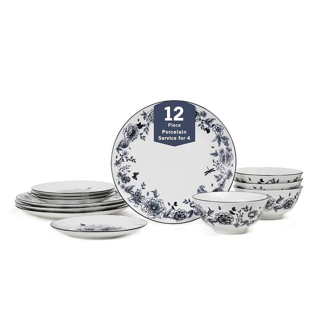 Stone Lain Esme 12-Piece Dinnerware Set Porcelain, Plates and Bowls Set, Dish Set for 4, Microwave and Dishwasher Safe, Black