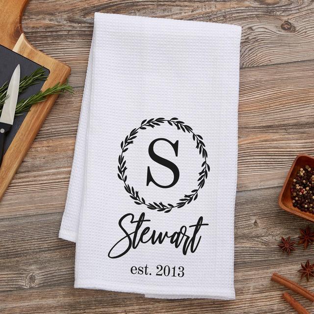 Laurel Monogram Personalized Waffle Weave Kitchen Towel