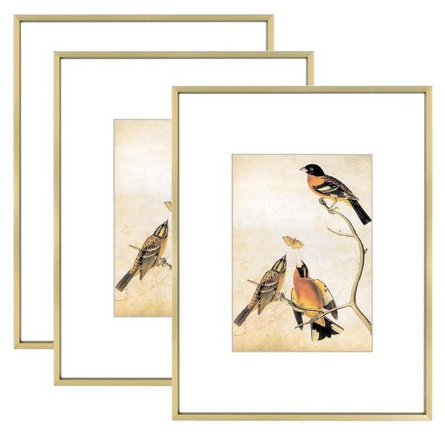 BKABOT 8.5x11 Picture Frame Set of 3, Brass Metal Photo Frames with HD Glass, Fits 5x7 with Mat or 8.5x11 without Mat, Wall Hanging and Table Display