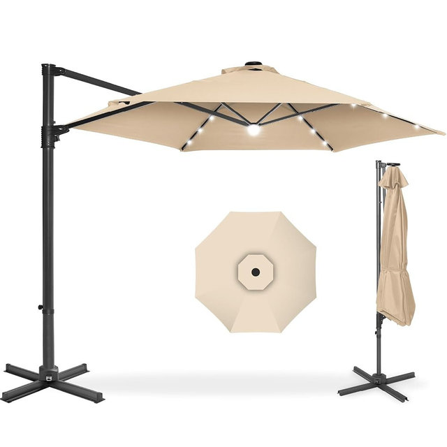 Best Choice Products 10ft Solar LED Offset Cantilever Hanging Market Patio Umbrella, Smooth 360° Rotation, 8 Sturdy Ribs, Easy Adjustment - Sand