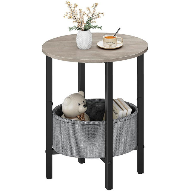 Vagusicc Round Side Table End Table with Storage Basket, Small Side Table Round Nightstand for Small Spaces, Tall Oval End Table with Steel Frame, Coffee Bedside Table for Living Room Bedroom, Greige