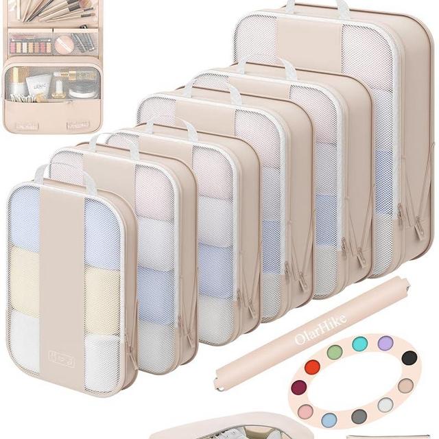 OlarHike 10 Set Compression Packing Cubes for Travel Women Mom,Luggage Clothes Storage Gifts for Family,Airplane/Cruise/Car/Train Travel Essentials,Compressible Expandable Saver Space Bags(Beige)