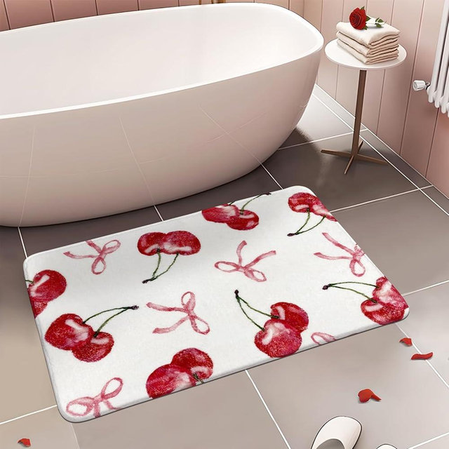 APROPHIC Cherry Cute Bath Mats for Bathroom Decor, Coquette Bow Non-Slip Absorbent Bathroom Rugs, Fruit Fluffy Shower Rug for Bathtub Sink, Washable, 20x30 in, Pink