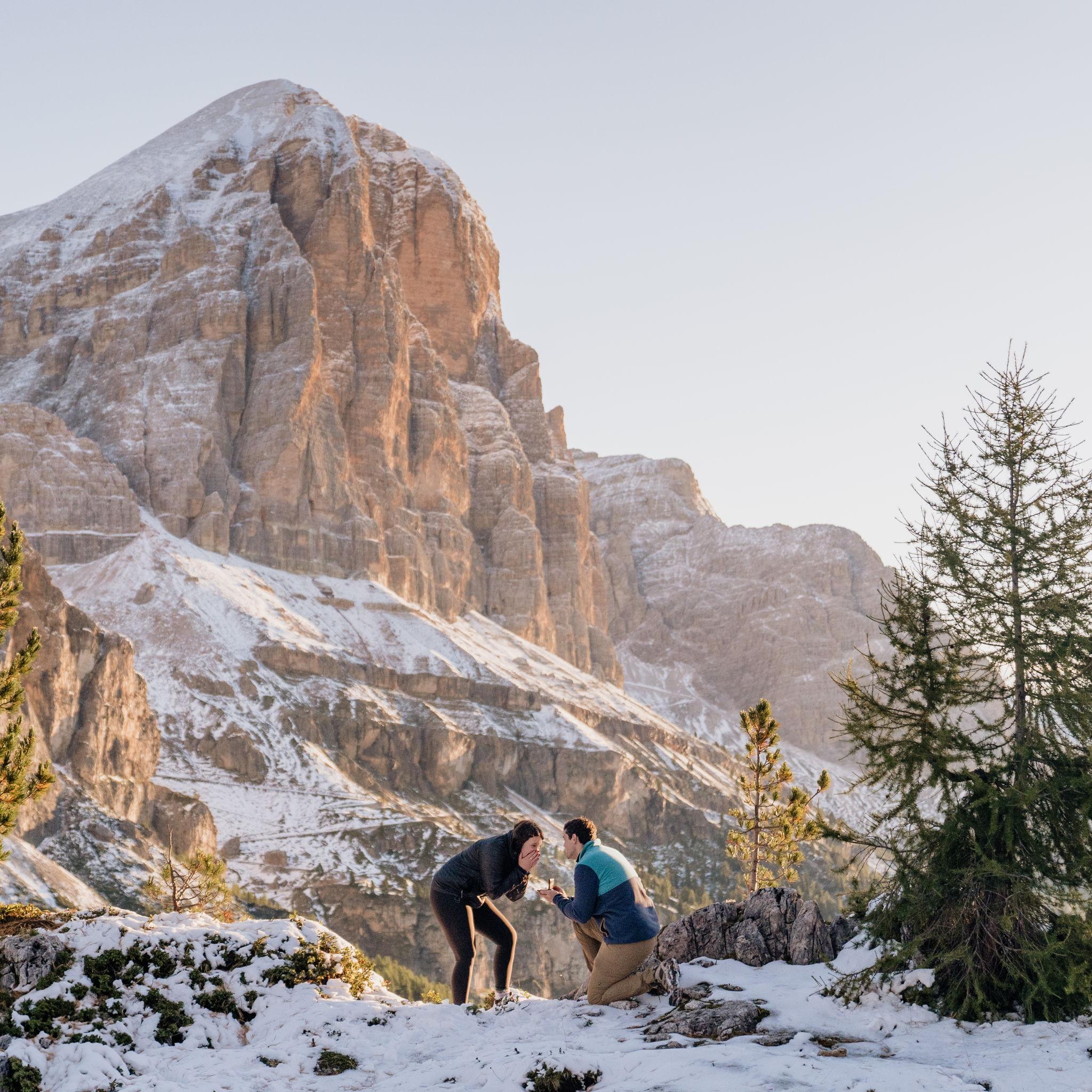 Ryan's surprise proposal to Brittani during a sunrise hike in the Dolomites