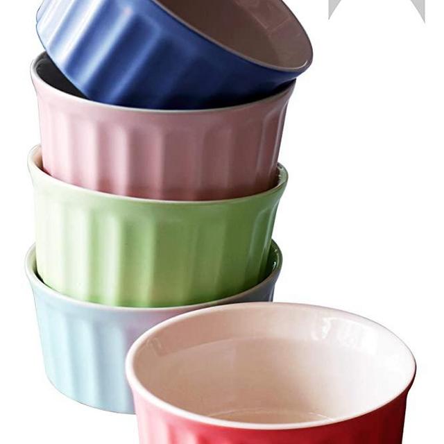 Cestash 6 Ounce Porcelain Souffle Cups - Oven Safe Ramekins for Baking - Porcelain Baking Dish for Soufflé, Creme Brulee and Ice Cream - Colorful Souffle Dishes (Set of 5)