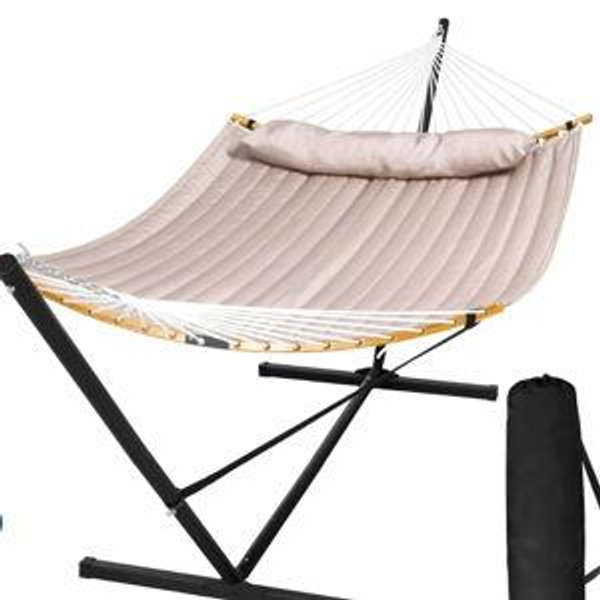 Color Brown - Double Quilted Hammock with Curved Bamboo Bar & Portable Stand |SUNCREAT
