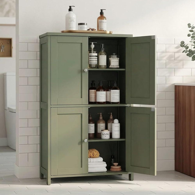 Vongrasig Bathroom Storage Cabinet, Small Bathroom Floor Cabinet with 4 Doors and Adjustable Shelves, Freestanding Modern Cabinet for Bathroom, Kitchen, Living Room, Entryway, Green