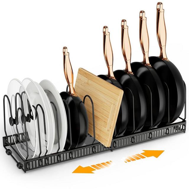 coneyaro Pots and Pans Organizer, Expandable Kitchen Organizer Rack Holder with 11 Dividers - Under Cabinet Storage for Pots, Pans, Lids, Bakeware