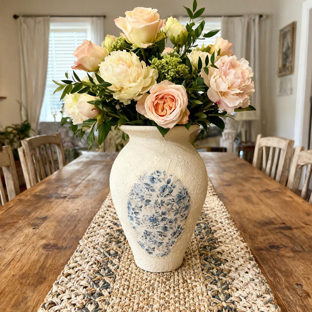 French Country Ceramic vase, Vintage pottery styled, chinoiserie Farmhouse Decor