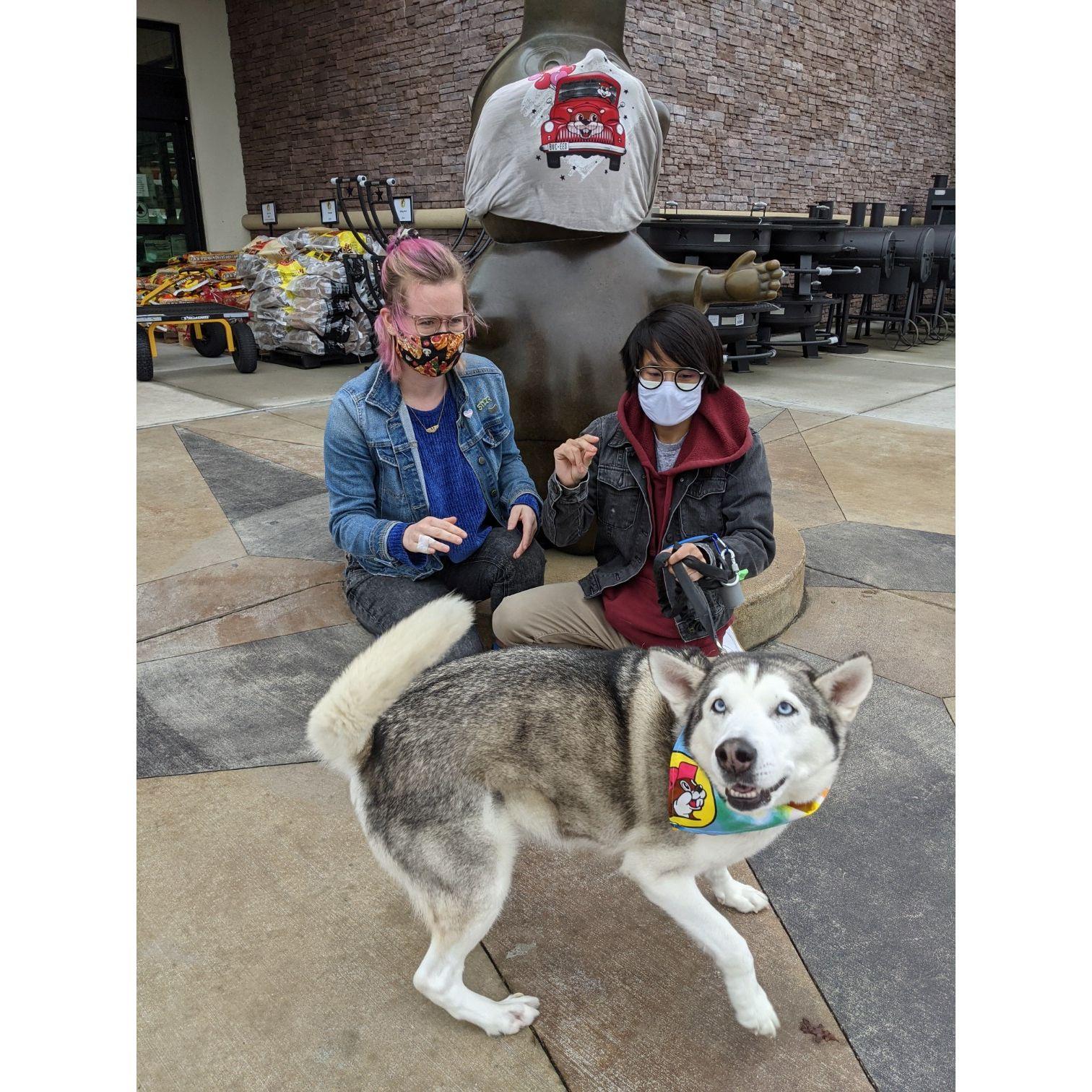 Valentine's Day 2021, we drove 3.5 hours to Buc-ee's (each way), at the end we posed with the Bug Buc himself and Margot, as always, was the star.
