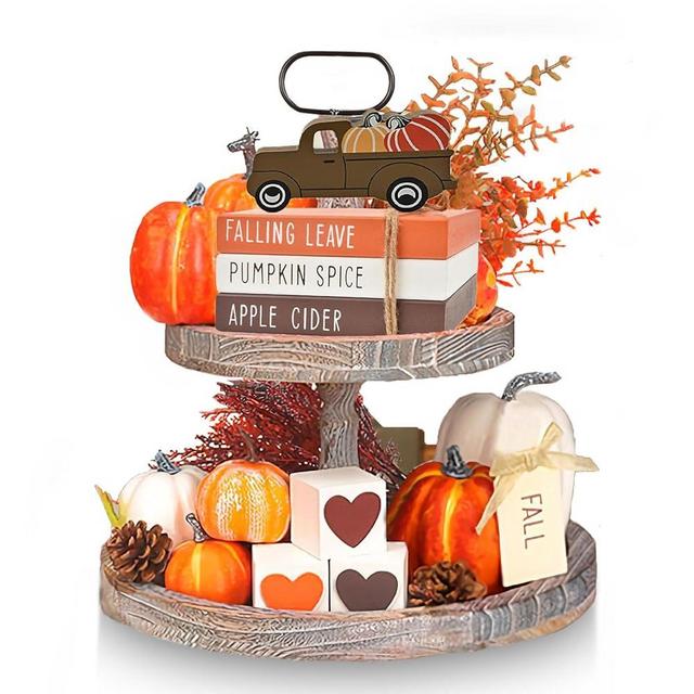 Fall Tiered Tray Decor - Thanksgiving Decorations for Home - 3 Double Sided Faux Book Stack 3 Love Wood Block 1 Pumpkin Truck - Farmhouse Rustic Decor for Autumn Thanksgiving Harvest