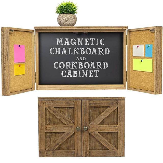 Wooden Rustic Magnetic Chalkboard: Wall Mounted Entryway Cabinet Includes Cork Board and Erasable Chalk Board Organizer Display Shelf and Key Hooks (Brown)