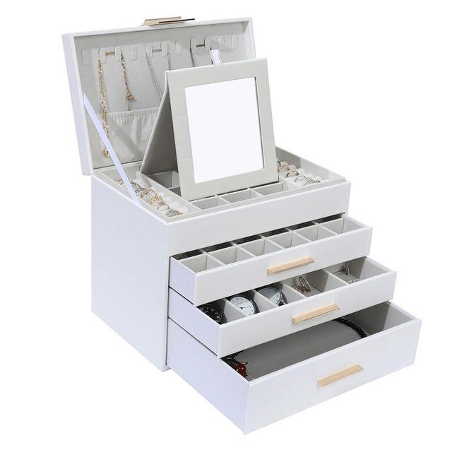 BOOVO Jewelry Boxes for Women, 5 Layer Jewelry Organizer with Necklace Hanger and Drawers, Large Jewelry Box for Earrings, Necklace and Bracelet Storage Gifts for Women and Girls (White, 5 Layer)