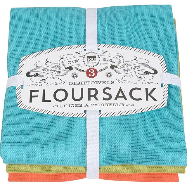 Now Designs Floursack Kitchen Towels, Set of Three, Bali Blue/Cactus Green/Crush Orange
