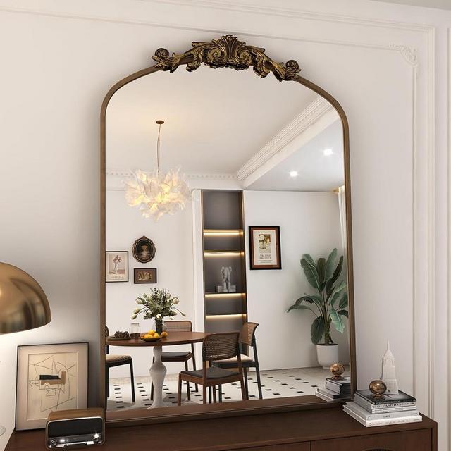 SMIROR 30Width x40Height Ornate Vintage Mirror, Gold Arched Antique Mirror for Bathroom Wall, Baroque Inspired, Metal Frame, Anti-Rust and Anti-Corrosion