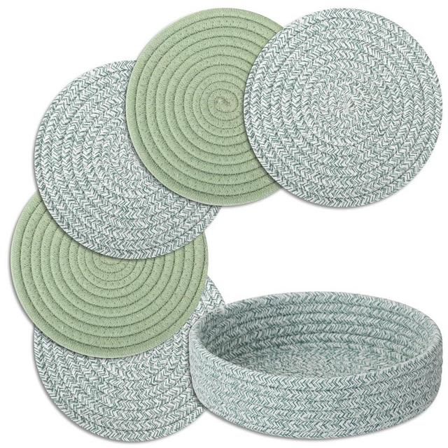 Trivets for Hot Dishes, Trivets for Hot Pots and Pans, Cotton Coasters 5 Pcs and Storage Basket 1 Pack, Pot Holders for Kitchen, Hot Pads for Table, Hot Mats Protect Countertops (Green 5 Pcs)