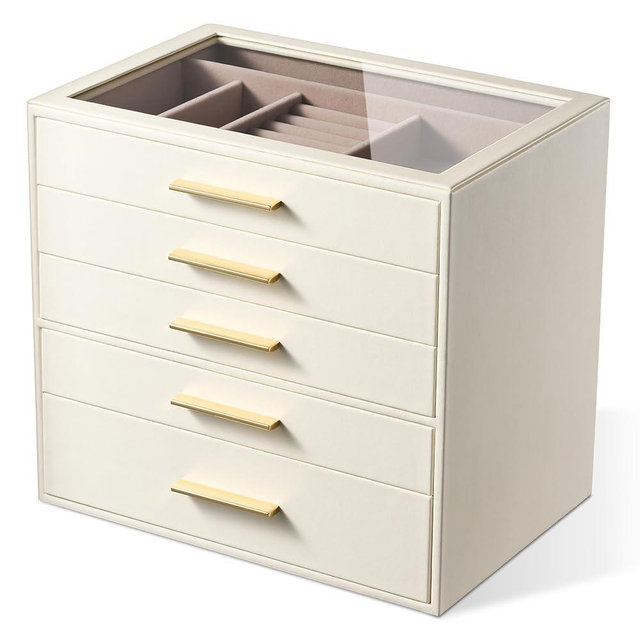 pickpiff Jewelry Box Organizer Case for Women: 5-Layer Jewelry Storage Case with Glass Window, Ivory Leather with Pink Velvet, Holder for Ring Necklace Bracelet Brooch Watch, Great Gift for Her