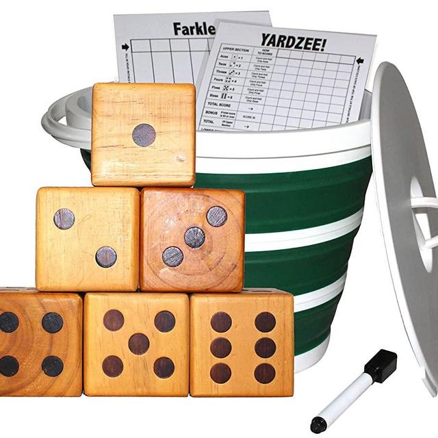 Jungle Gym Kingdom Yardzee & Yard Farkle Giant Wooden 6 Dice Set for Outdoor Fun Lawn Games Picnic Barbeque Party Tailgaiting & Special Events with Collapsible Bucket & Lid Scorecards & Markers