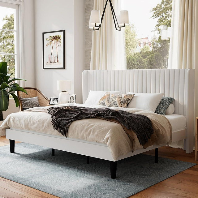 SHA CERLIN King Size Velvet Bed Frame with Vertical Channel Tufted Wingback Headboard, Upholstered Platform Bed with Wood Slats, No Box Spring Needed, Easy Assembly, Off-White
