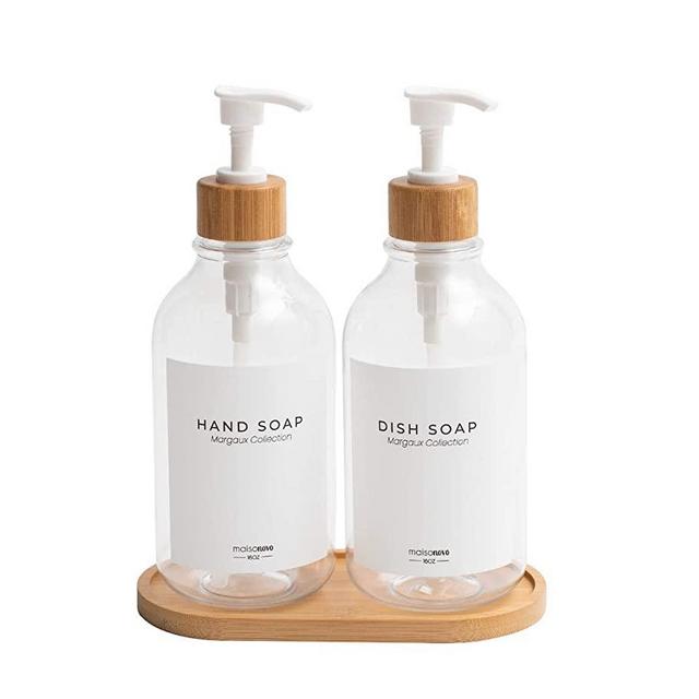 MaisoNovo Dish Soap Dispenser for Kitchen Sink w. Bamboo Pump and Soap Tray | Bathroom Soap Dispenser Set w. Dish Soap, Hand Soap, Lotion Waterproof Labels | Clear Sets