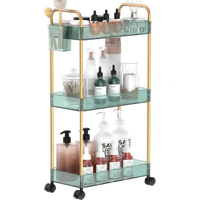 SPACEKEEPER 3 Tier Rolling Storage Cart Clear Bathroom Organizer, Rolling Utility Cart Laundry Room Organization for Office Living Room, Green