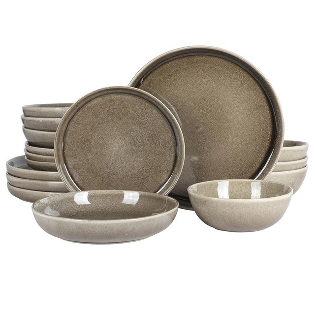 Gibson Elite Berea 16 Piece (Service for 4) Plates and Bowls Reactive Glaze Round Dishes Stoneware Ceramic Dinnerware Set -Taupe
