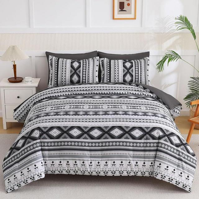 Dark Grey Boho Comforter Set Queen Size,7 Pieces Bed in a Bag Queen Black Aztec Bedding Sets with Sheets Fall Bohemian Geometric Striped Complete Set for Men Winter 90"x90"