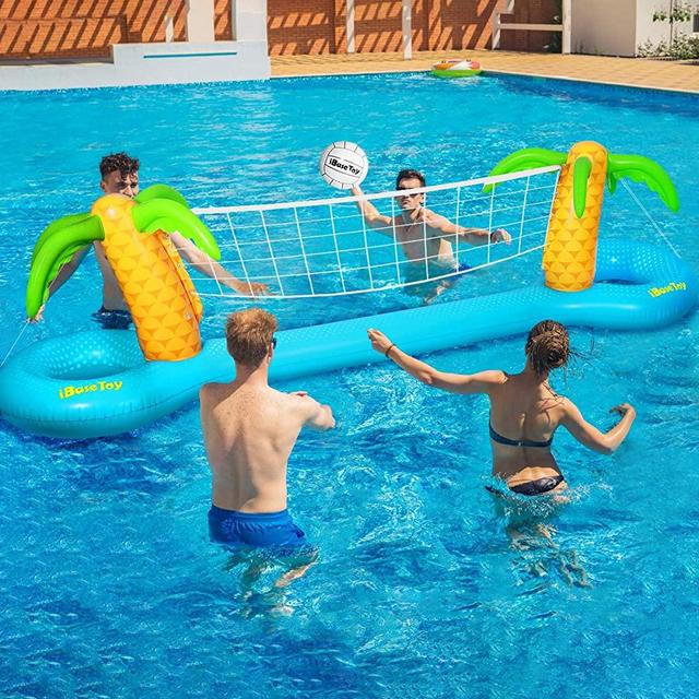 iBaseToy Inflatable Pool Volleyball Game Set - Pool Volleyball Set with Adjustable Net and 2 Balls for Swimming Pool Games, Pool Float Set Pool Volleyball Toy for Adults and Kids (118"x25.59"x33.46")