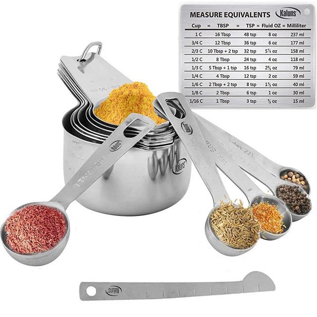Kaluns Measuring Cups, Measuring Spoons,16 Piece Stainless Steel Measuring Cups and Spoons Set Includes Leveler and Measurements Card, Heavy-duty, Heat and Rust Resistant