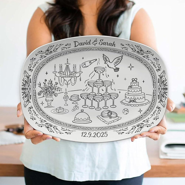 Personalized Wedding Platter – Custom Bride and Groom Serving Plate with Name and Date, Elegant Champagne Tower Toile Dish – Unique Mr and Mrs Gift, Bridal Shower Present, Engagement Keepsake (Black)