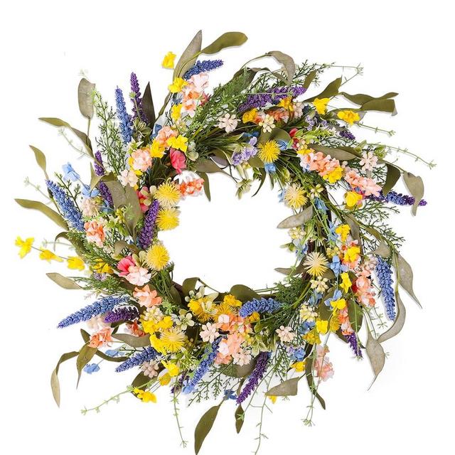 22" Colorful Wildflower Spring Summer Wreath with Green Leaves, Floral Artificial Wreath for Front Door Home Wall Wedding Farmhouse Holiday Outdoor Indoor Décor (Yellow)