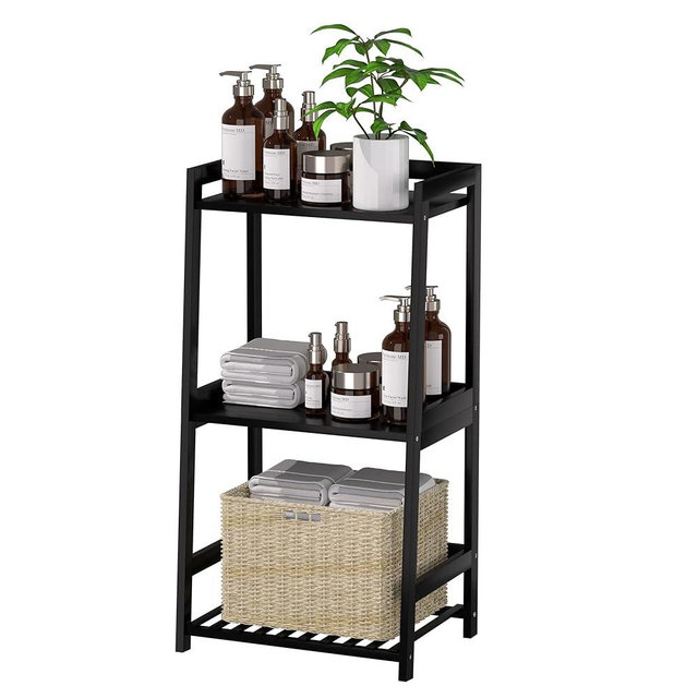 POXAKA Bathroom Shelves, 3 Tier Ladder Shelf Bamboo Nightstand Open Shelving, Bookshelf Bookcase End Table Plant Stand for Living Room, Bedroom, Bathroom, Kitchen, Balcony