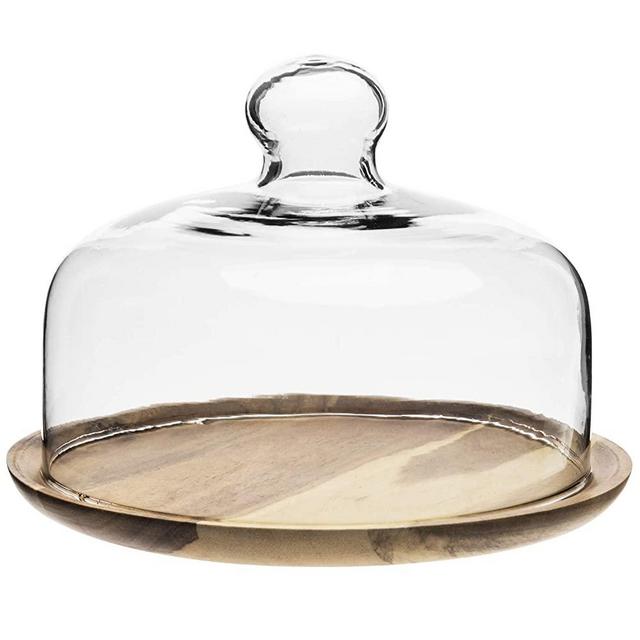 MyGift 7.5 Inch Small Clear Glass Dessert/Cheese Cloche Dome with Acacia Wood Serving Tray