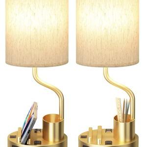 Gold Bedside Table Lamps for Bedroom Set of 2 - Nightstand Light with AC Outlet and USB A & C for Charging, 3 Color Temperatures Desk Lamp with Pen Holder & Phone Stand for Living Room/Dorm/Office