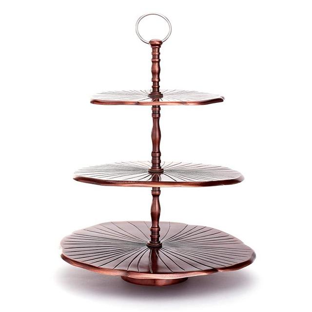 Old Dutch 3 Tier Antique Copper Aluminum Lily Pad Dessert Server, 17⅜" H. Cake Stand Serving