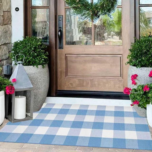 Light Blue and White Outdoor Rug 2'X4.3' Buffalo Plaid Checked Front Porch Rug Cotton Woven Washable Rug Layering Doormat for Welcome Door Mat Entryway Dining Room Bedroom Living Room