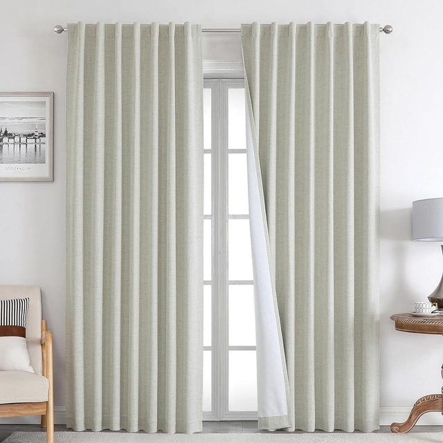 Joydeco 100% Blackout Curtains 90 inches Long Natural Linen Drapes 2 Panels Set Burg for Bedroom Living Room Black Out Darkening Curtain Thermal Insulated Back tab Rod Pocket(52x90 inch,Light Beige)