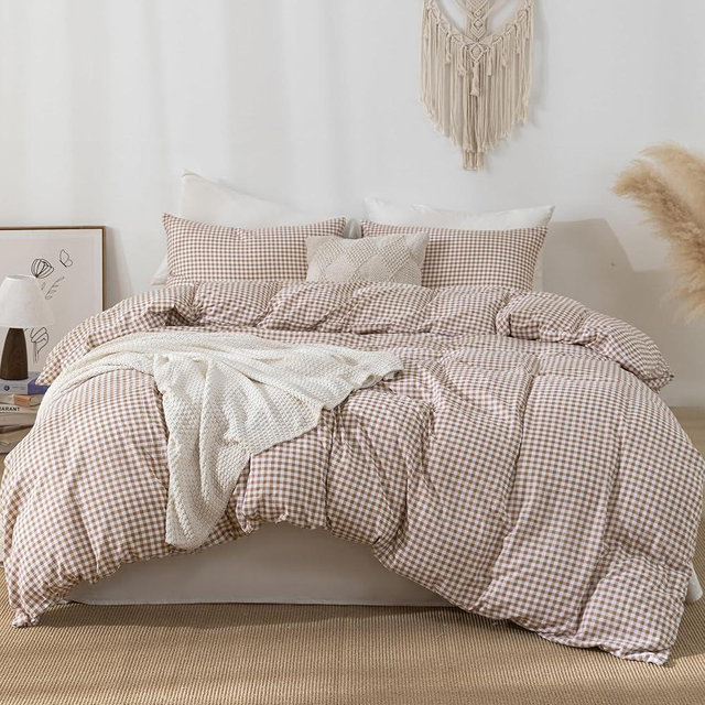 YHJWW Tan Gingham Duvet Cover Bedding Set Prewashed Extra Soft Comfy Breathable 3 Piece Brown Plaid Checkered Grid Vintage Comforter Cover Set Cute Aesthetic (King 104"x90", No Comforter)