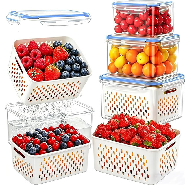 3 Pack Fruit Storage Containers for Fridge with Removable Colander – Airtight Produce Storage Containers with Lids, BPA-Free Berry Keeper for Vegetables, Lettuce & Meal Prep (29oz+59oz+112oz)