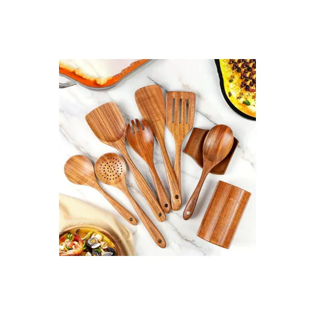 Mooues 9-Piece Natural Teak Wood Kitchen Utensil Set with Spoon Holder — Comfortable Grip Cooking Spoons and Utensil Storage Rack. Housewarming Gift