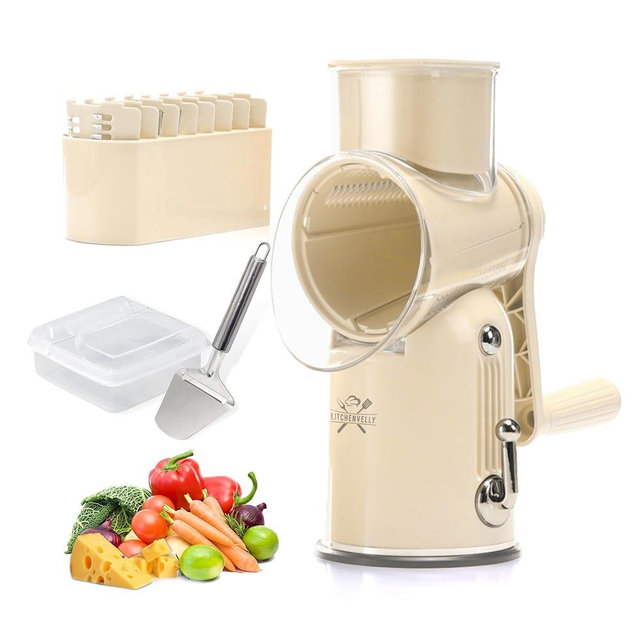 5-in-1 Rotary Cheese Grater with Hand Crank – Multi-Functional Food Slicer, Shredder & Grater for Cheese, Vegetables, Nuts – Easy-Clean Vegetable Grater, Cheese Shredder & Food Shredder (Beige)