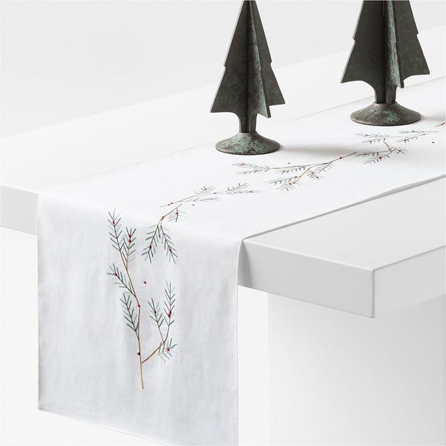 Embroidered Holly Sprig 90" White Linen Holiday Table Runner