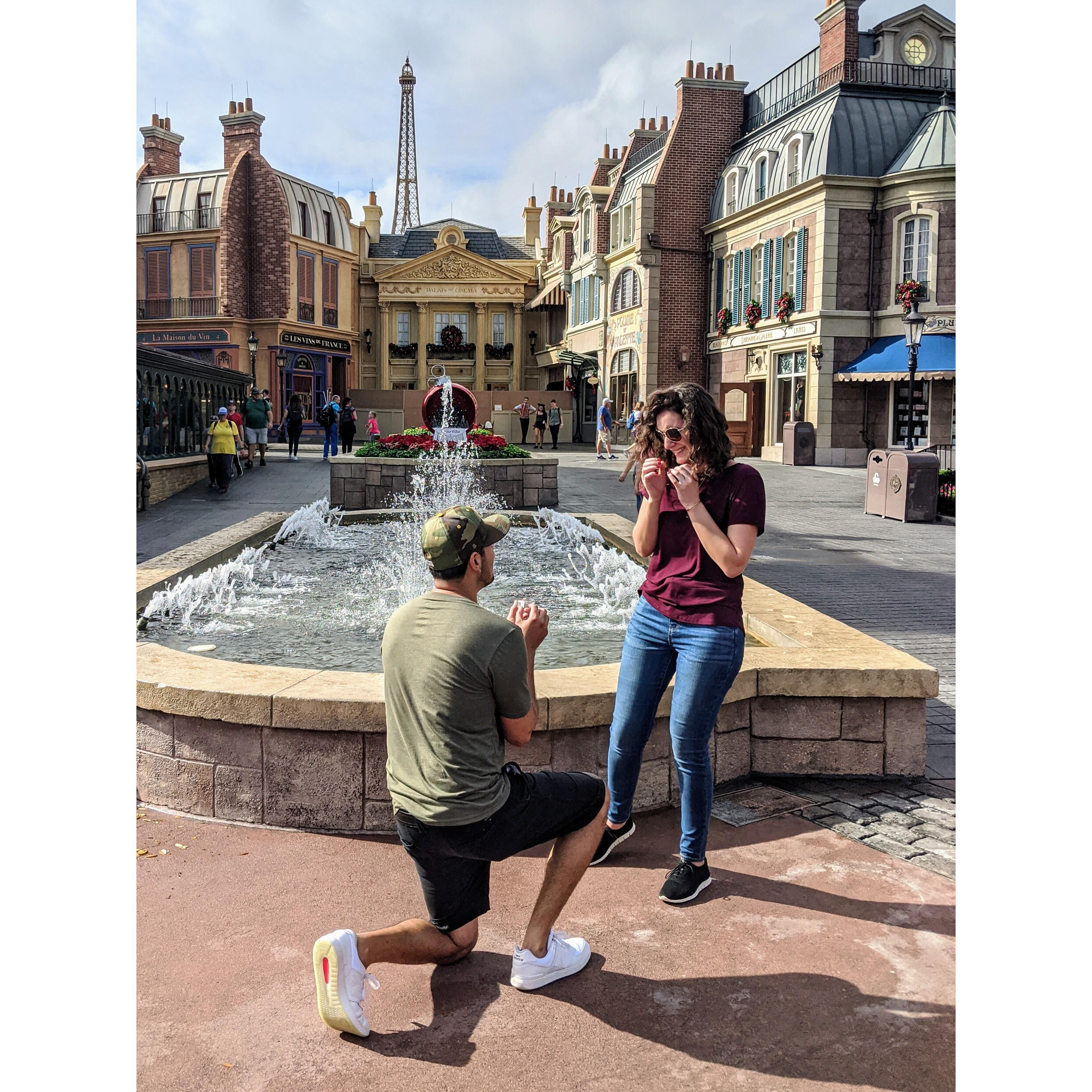 Freddy proposing at Walt Disney World in front of Dominique's Dad, Stepmom, brother, sister -in-law, and nephew.